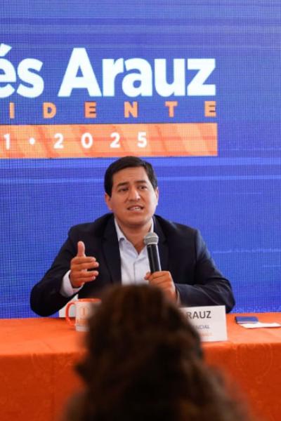 Andrés Arauz, candidato de Centro Democrático, dio una rueda de prensa en Quito este 9 de febrero de 2021.