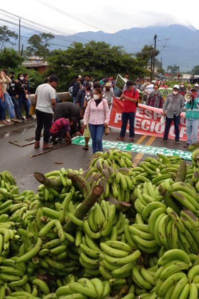 Productores de banano cerraron la vía Guayaquil-Naranjal, desde la madruga del 14 de marzo de 2022. Piden al Gobierno que su sector sea atendido.