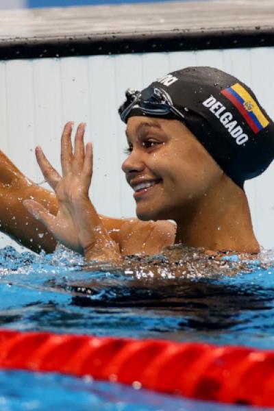 Tokyo 2020 Olympics - Swimming - Women's 50m Freestyle - Heats - Tokyo Aquatics Centre - Tokyo, Japan - July 30, 2021. Anicka Delgado of Ecuador gestures to a camera after winning REUTERS/Carl Recine