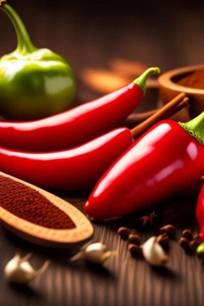 Alimentación: Pimientos rojos en una mesa de madera con otros chiles y especias