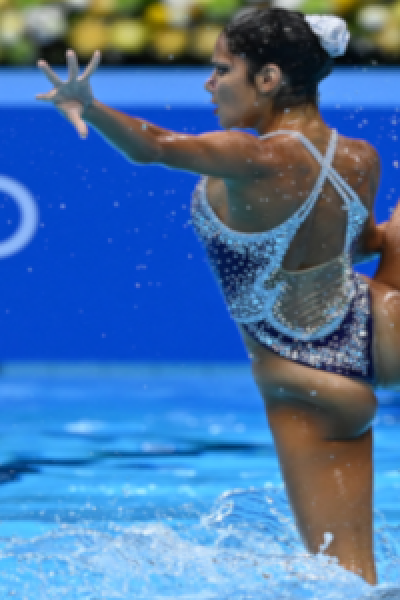 El equipo de Egipto compite en el evento de natación artística de rutina libre por equipos durante los Juegos Olímpicos de Tokio, el 7 de agosto de 2021.
