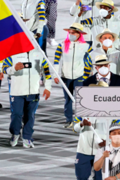 La delegación ecuatoriana desfila en la ceremonia de inauguración de los Juegos Olímpicos de Tokio, el viernes 23 de julio de 2021.
