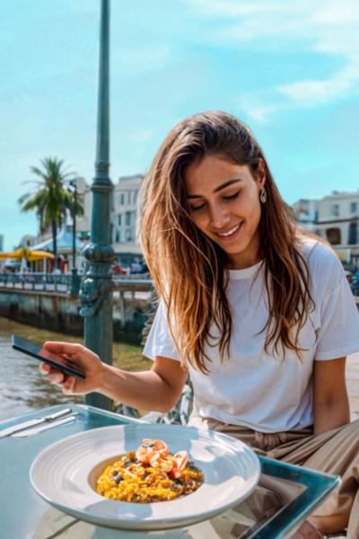 Mujer joven disfrutando de un destino gastronómico.