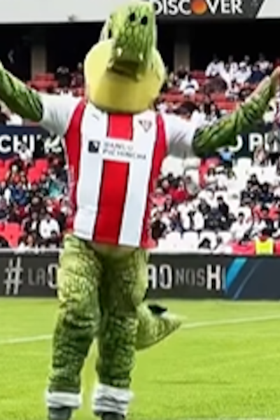 La mascota de Liga de Quito, 'Cocodrigo', baila previo al partido ante Orense por la LigaPro, el 26 de octubre de 2024.