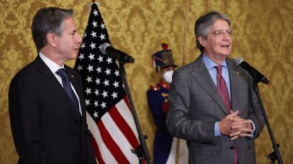 El secretario de Estado de Estados Unidos, Antony Blinken, y el presidente Guillermo Lasso, en el Palacio de Carondelet, el 19 de octubre de 2021. 