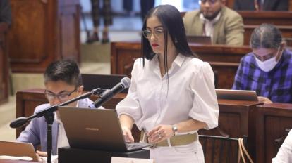 La asambleísta Viviana Veloz (UNES) durante sus alegados en el proceso de juicio político contra el presidente Guillermo Lasso, este 26 de abril de 2023.