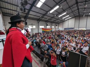 Leonidas Iza, presidente de la Conaie, durante la convención de Pachakutik, el 10 de junio, en el que fue nombrado precandidato a la Presidencia.