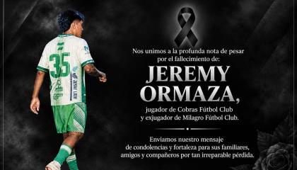Nota de pesar de Milagro FC tras la muerte del jugador Jeremy Ormaza.