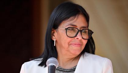 La presidenta interina de Venezuela, Delcy Rodríguez, ofrece una conferencia de prensa tras la firma de un acuerdo petrolero con Estados Unidos, 2 de septiembre de 2026.