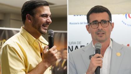 Antonio Alvarez, presidente de Barcelona SC y Andrés Guschmer, ministro del Deporte, durante ruedas de prensa.