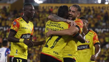 Jugadores de Barcelona SC, durante un partido en el estadio Banco Pichincha, el 3 de marzo de 2024.