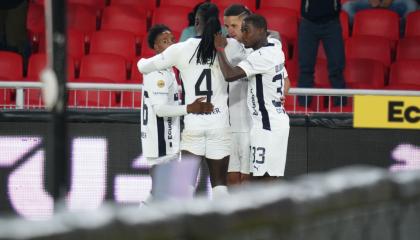 Jugadores de Liga de Quito celebrando un gol ante Imbabura, 28 de marzo de 2024.