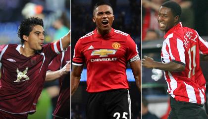 Los jugadores ecuatorianos Christian Noboa, Antonio Valencia y Édison Méndez jugando para el Rubin Kazan, Manchester United y PSV respectivamente.