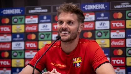 Javier Burrai, arquero de Barcelona SC, durante una rueda de prensa este 9 de abril de 2024.