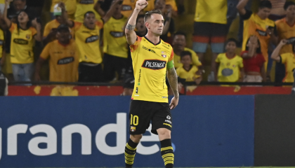 Damián Díaz celebra un gol con Barcelona SC en la Copa Libertadores, el 10 de abril de 2024.