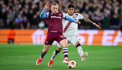 Piero Hincapié, durante el partido del Bayer Leverkusen ante el West Ham, el 18 de abril de 2024.