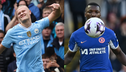 Los jugadores Erling Haaland del Manchester City y Moises Caicedo de Chelsea.