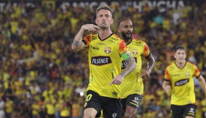 Damián Díaz celebra su gol ante Liga de Quito, por LigaPro, este 22 de mayo de 2024.