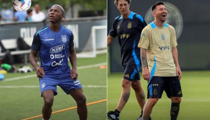 Moisés Caicedo, de Ecuador, y Lionel Messi, de Argentina, durante los entrenamientos de sus selecciones en Estados Unidos, en junio de 2024.