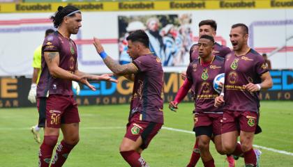 Jugadores de Mushuc Runa, durante un partido de la LigaPro, el 16 de marzo de 2024.