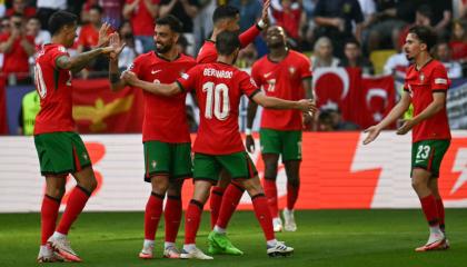 Jugadores de Portugal celebrando su gol ante Turquía, 22 de junio de 2024.