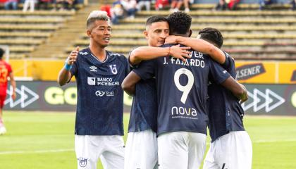 Jugadores de Universidad Católica festejando su gol ante El Nacional, 4 de agosto de 2024.