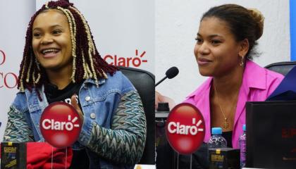 Neisi Dajomes y Angie Palacios durante una rueda de prensa en la Concentración Deportiva de Pichincha, 12 de agosto de 2024.