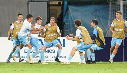 Jugadores de San Marino celebrando su gol, 5 de septiembre de 2024.