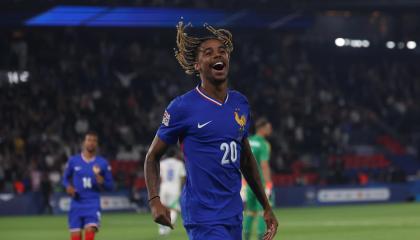 Bradley Barcola celebra luego de anotar a los 13 segundos gol de los franceses frente a Italia, el 6 de septiembre.