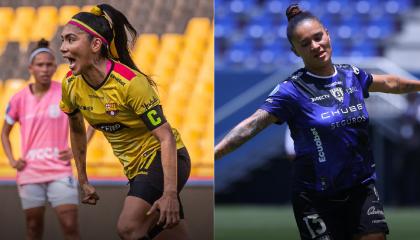 Madelen Riera, de Barcelona, y Karen Páez, de Dragonas IDV, celebran sus goles en durante las semifinales de la Superliga femenina 2024.