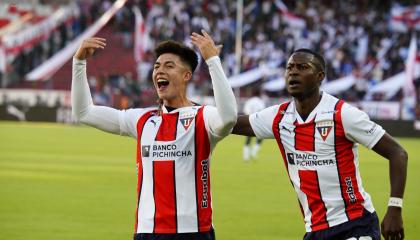 Gabriel Villamil festeja su gol en el partido de Liga de Quito ante El Nacional, el 21 de septiembre de 2024.