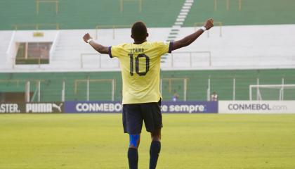 Justin Lerma festeja un gol con Ecuador en el Sudamericano Sub 15, el miércoles 16 de octubre de 2024.