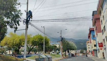 Un obrero de la Empresa Eléctrica de Quito realiza trabajos en una red eléctrica el 4 de noviembre de 2024.