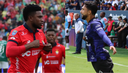 Jonathan Borja, de El Nacional, y Jeison Medina, de Independiente del Valle, celebran un gol.