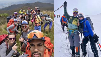 Los miembros de ROMP en un trekking de aclimatación y dos de ellos en el ascenso del volcán Cayambe, a inicios de octubre de 2024.