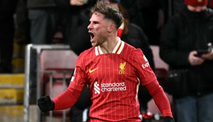 Alexis Mac Allister, del Liverpool, celebra luego de convertirle un gol al Real Madrid en la Fecha 5 de la Champions League, el miércoles 27 de noviembre de 2024.