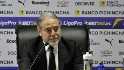 Isaac Álvarez, durante una rueda de prensa de Liga de Quito, el 21 de julio de 2023.