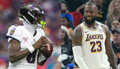 Lamar Jackson de los Baltimore Ravens y LeBron James de Los Angeles Lakers en partidos de la NFL y NBA, respectivamente, el 25 de diciembre de 2024.