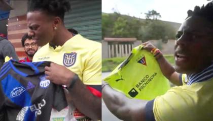 El reconocido streamer Speed en su visita a Ecuador con las camisetas de Emelec y Liga de Quito, 16 de enero de 2025.