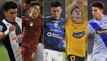 Fernando Gaibor vistiendo las camisetas de Alianza Lima, Independiente de Avellaneda, Independiente del Valle, Barcelona SC y Emelec.