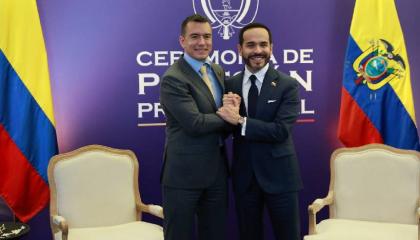 Daniel Noboa, presidente de Ecuador, posa con Abelardo de la Espriella, presidente de Colombia, el 7 de agosto de 2026.