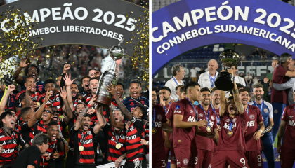 Jugadores de Flamengo (izquierda) y Lanús (derecha) celebran los títulos de la Copa Libertadores y Copa Sudamericana en 2025.