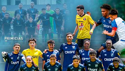 Composición fotográfica con futbolistas de Universidad Católica, Independiente del Valle, Liga de Quito y Barcelona SC.