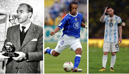 Los ganadores del Balón de Oro: Alfredo Di Stefano, Ronaldinho y Lionel Messi.
