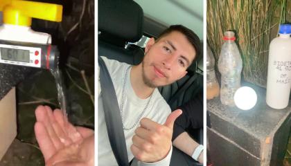 Fabricio Rodríguez, inventor ecuatoriano, junto a un dispositivo creado por él para purificar agua y crear energía al mismo tiempo.