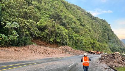 Personal de la Prefectura de Pichincha realiza trabajos de limpieza tras un derrumbe en la vía Alóag-Santo Domingo, el 24 de octubre de 2026.