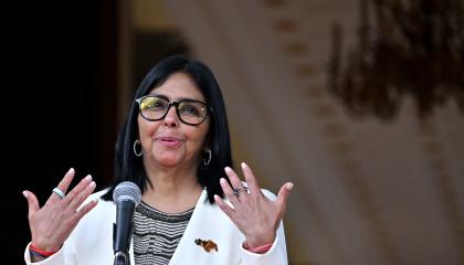 La presidenta interina de Venezuela, Delcy Rodríguez, ofrece una conferencia de prensa el 2 de septiembre de 2026.