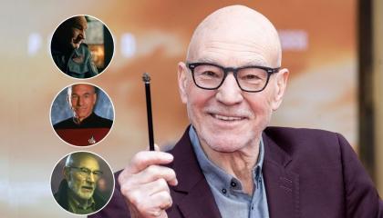 Composición fotográfica del actor Patrick Stewart y sus personajes en X Men, Advengers y en Greem Room.