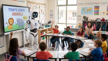 Fotografía generada artificialmente que muestra a un grupo de estudiantes que reciben clases de inglés mediante una inteligencia artificial