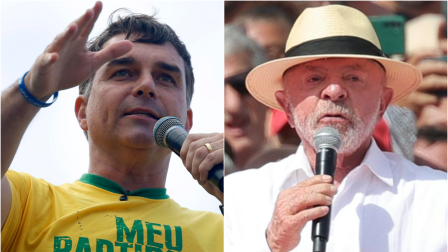 El candidato opositor a la presidencia de Brasil, Flávio Bolsonario (i) y el presidente brasileño Lula da Silva (d) en sus respectivas actividades de lanzamiento de campaña en Brasil el 16 de agosto de 2026.
